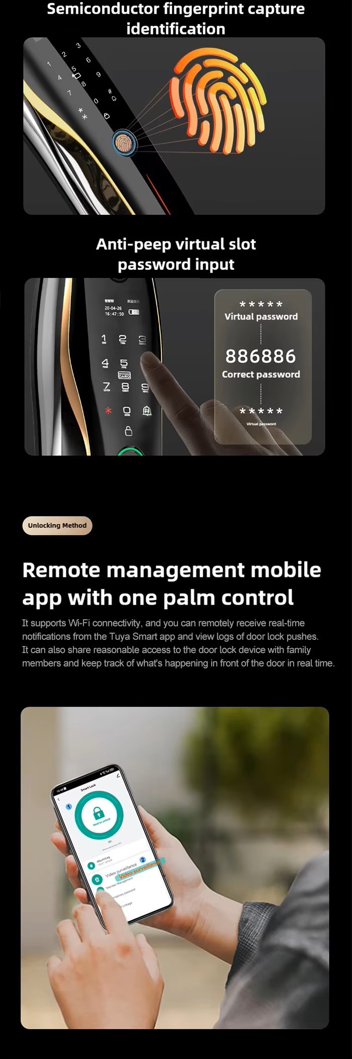 Smart Locks for Front Door Black Smart Lock Door Wifi with 3d Face Recognition Tuya Door Lock with Camera and Fingerprint