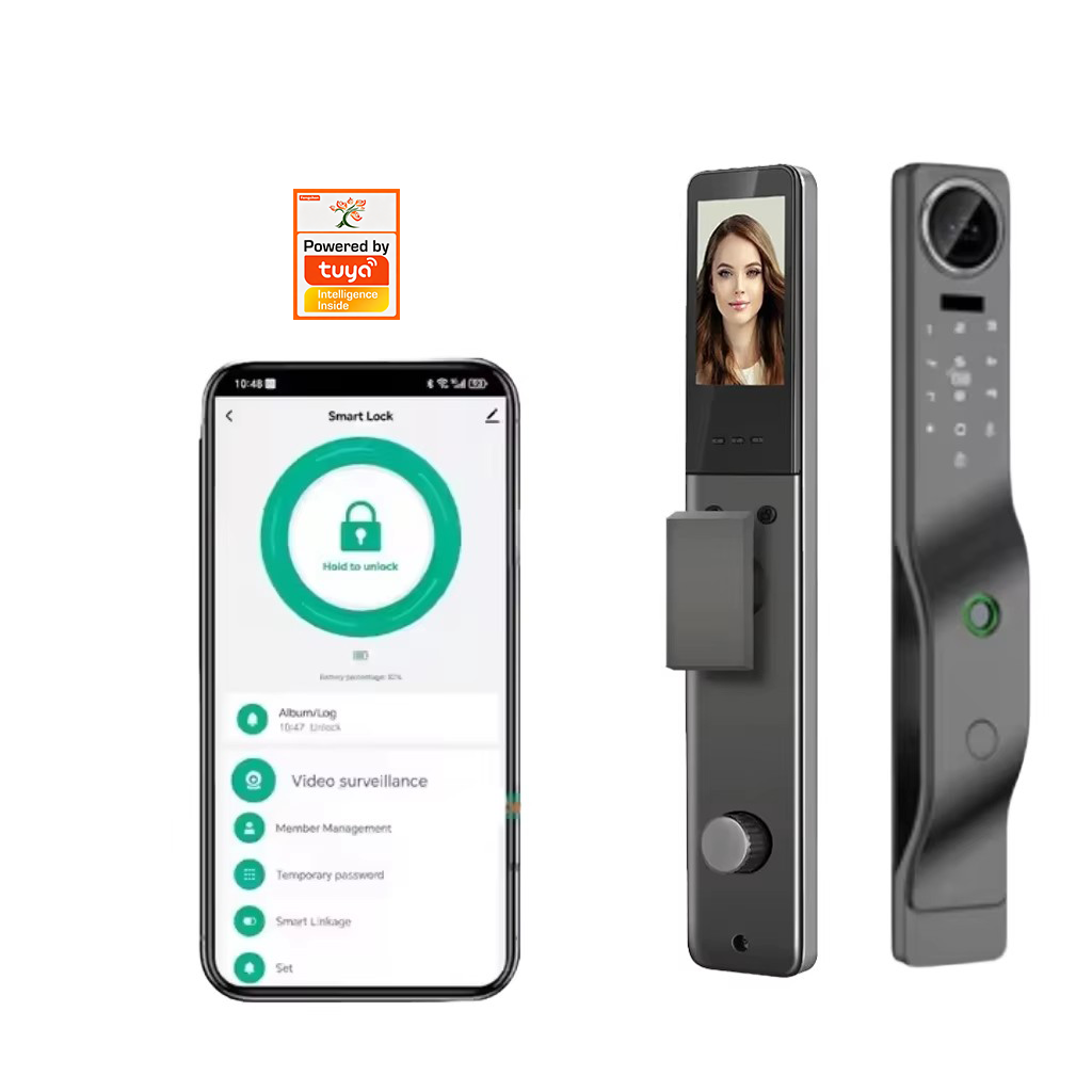 Tuya WiFi Smart Security Camera Lock 3D Face Fingerprint Recognition IP65 Waterproof Aluminum Wood Doors Supports 22 Memory Card · image 1