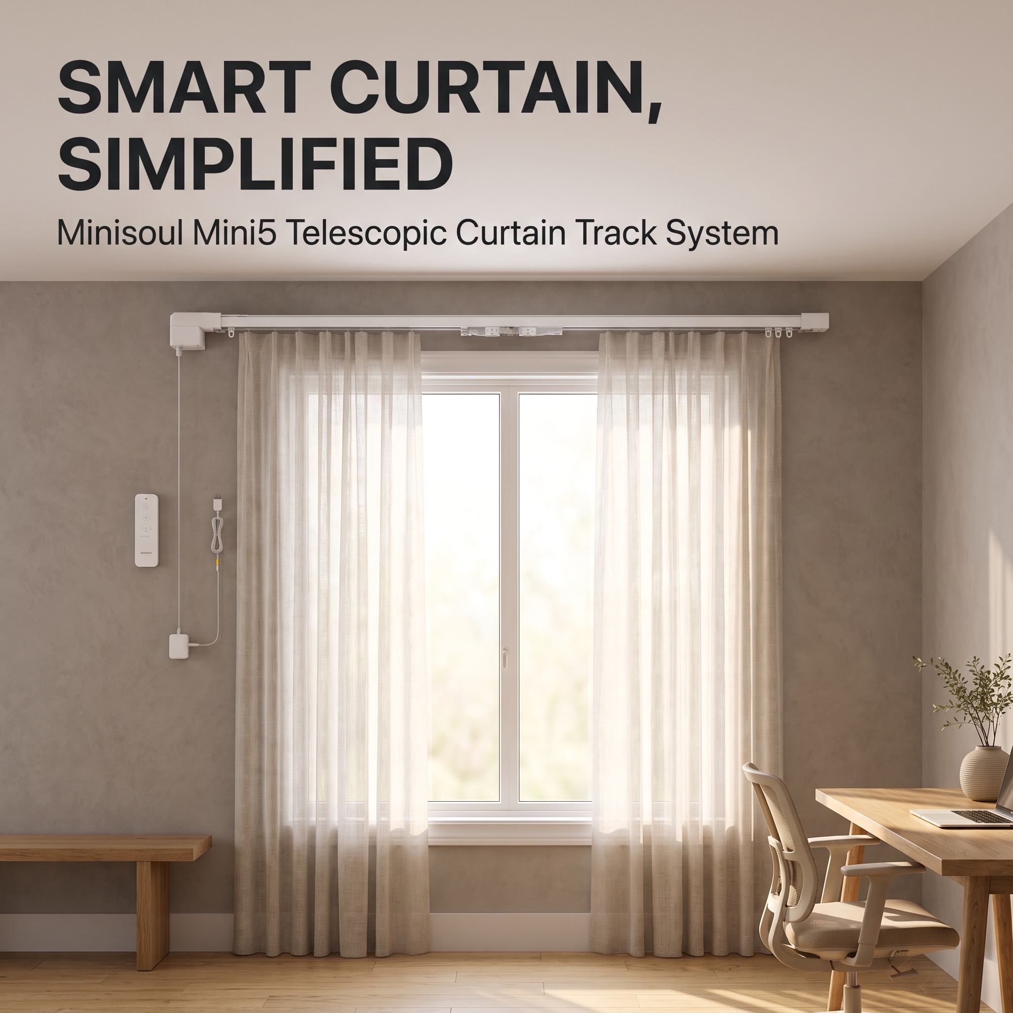 Minisoul Modern Smart Curtain Track Motorized Rail WiFi Remote App Control Quiet Under 45dB Holds Up To 66 Lbs For Living Room · image 1