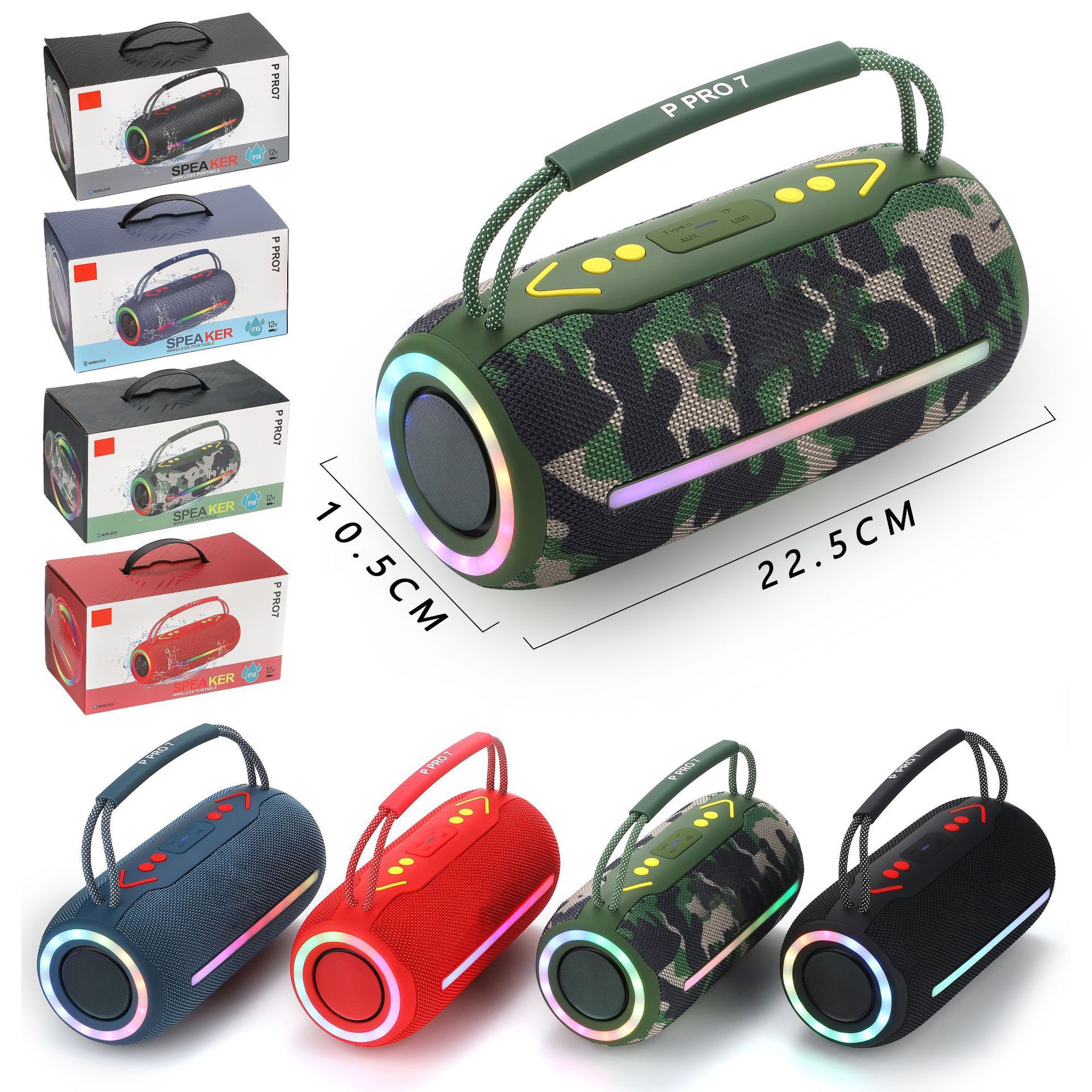 P PRO7  Speaker Colorful Light, Dual Drivers, Portable Outdoor Bass  Speaker · image 1
