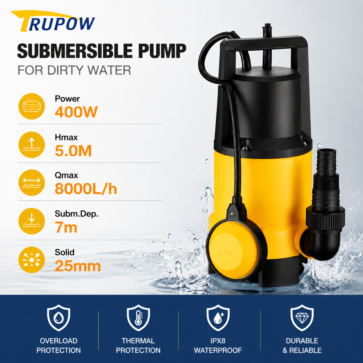 400W 8000L/h Cheap Price Portable Electric Garden Clean Dirty Water Pumps Submersible Drain Dirty Water Pump with Floater · image 2
